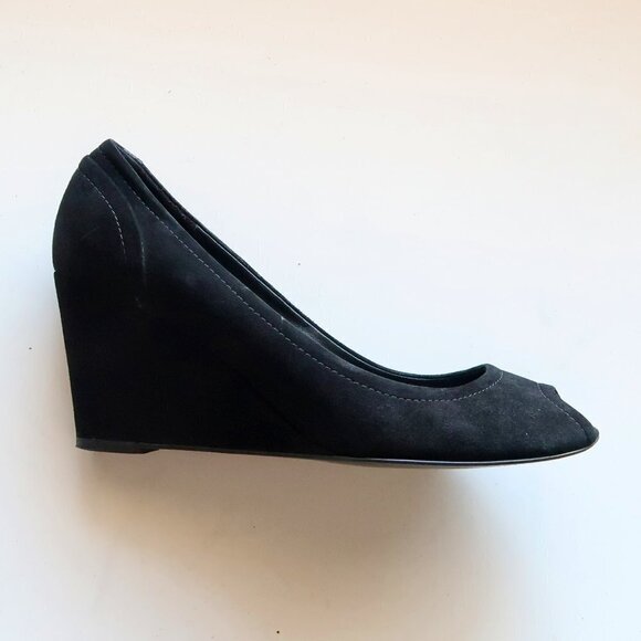 J. Crew Black Suede Leather Peep Toe Wedge Heel Sandals / Dress Shoes Size 8 - Picture 6 of 15